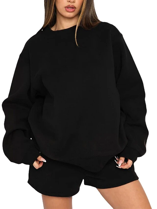 Women's Lounge Sets Sweatshirt And Shorts Pure Color Fashion Casual Comfort Street Daily Date Polyester Breathable Crew Neck Long Sleeve Hoodie Shorts Fall Winter Black White 4 Women's Lounge Sets Sweatshirt And Shorts Pure Color Fashion Casual Comfort Street Daily Date Polyester Breathable Crew Neck Long Sleeve Hoodie Shorts Fall Winter Black White - Image 2