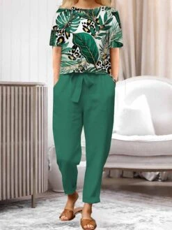 Women's 2 Piece Loungewear Sets Plant Print Crew Neck Short Sleeve Top And Loose Pants With Pockets Comfort Home Polyester Crew Neck Short Sleeve Summer Spring Green