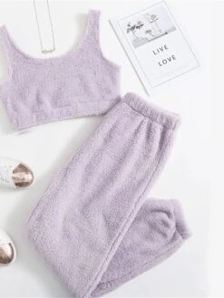 Women's Solid Plush Tank Top And Pants Lounge Sets Casual Comfort Soft Home Street Daily Polyester Breathable Elastic Waist Fall Winter Black White -Ladies Pajamas Store disbrc1688541589727