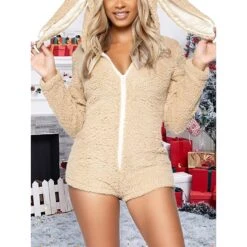 Women's Pajamas Onesie Jumpsuit Pure Color Warm Fashion Plush Home Daily Bed Polyester Warm Breathable Hoodie Long Sleeve Fall Winter Pink Khaki
