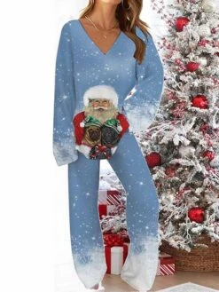 Women's Christmas Pajamas Sets Santa Claus Snowflake Warm Comfort Soft Home Christmas Daily Polyester Gift V Wire Long Sleeve Pant Fall Winter Blue Dark Blue