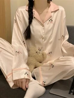 Women's Loungewear Sets 2 Pieces Dog Fashion Casual Comfort Street Daily Date Polyester Breathable Lapel Long Sleeve Pant Button Fall Winter Pink