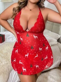 Women's Plus Size Pajamas Nightgown Dress Elk Casual Comfort Home Christmas Bed Polyester Breathable Halter Neck Sleeveless Dress Backless Fall Winter Red -Ladies Pajamas Store dkivnf1697700525068