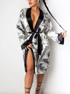 Women's Robes Gown Bathrobes Nighty Silk Kimono 1 Set Flag Fashion Comfort Sweet Home Beach Spa Satin Lapel Long Sleeve Print Belt Included Spring Summer Pink Light Blue