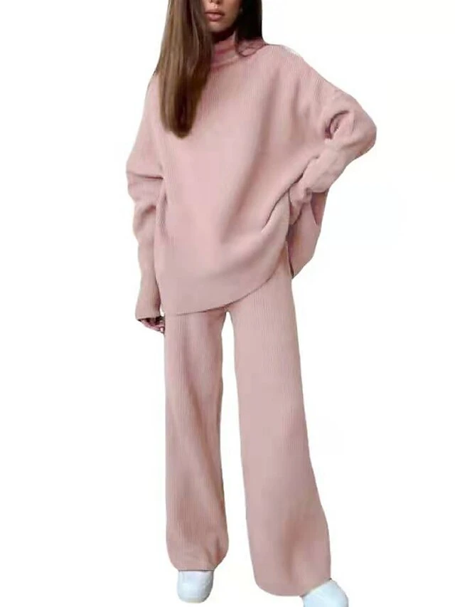 Women's Loungewear Sets Knit Casual Suit Pure Color Fashion Comfort Soft Home Street Daily Polyester Breathable High Neck Long Sleeve Sweater Pant Fall Winter Black Pink 3 Women's Loungewear Sets Knit Casual Suit Pure Color Fashion Comfort Soft Home Street Daily Polyester Breathable High Neck Long Sleeve Sweater Pant Fall Winter Black Pink