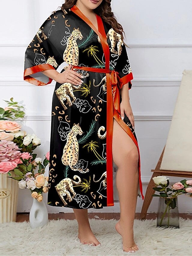 Women's Plus Size Pajamas Bathrobe Animal Flower Simple Casual Comfort Home Bed Polyester Breathable V Wire Long Sleeve Fall Winter 2669 Night Leopard 2669 Peacock Pollen 6 Women's Plus Size Pajamas Bathrobe Animal Flower Simple Casual Comfort Home Bed Polyester Breathable V Wire Long Sleeve Fall Winter 2669 Night Leopard 2669 Peacock Pollen - Image 4