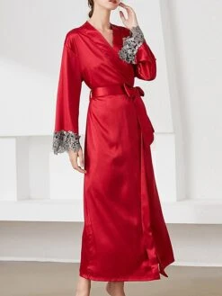 Women's Satin Silk Bathrobe Robe Embroidered Lace Decoration Long Sleeve Nightgown Pure Color Fashion Casual Comfort Home Daily Bed Summer Fall Black Pink -Ladies Pajamas Store dpzmor1689506606718