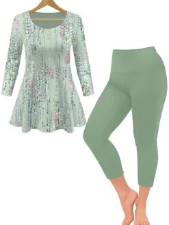 Women's Loungewear Sets 2 Pieces Flower Casual Comfort Home Daily Polyester Breathable Crew Neck Long Sleeve Pullover Pant Summer Spring Black Light Green