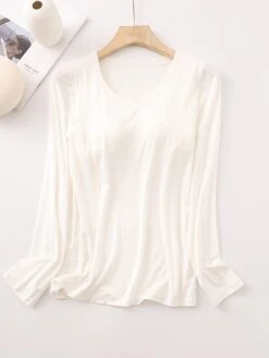 Women's Pajamas Top Pure Color Simple Casual Soft Home Daily Bed Cotton Breathable Crew Neck Long Sleeve Chest Pads Fall Winter Sauce Purple Champagne Powder -Ladies Pajamas Store droejq1693467405298