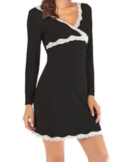 Women's Pajamas Nightgown Nighty Pure Color Simple Comfort Home Daily Bed Modal Breathable Gift V Wire Long Sleeve Lace Basic Spring Summer Black Gray -Ladies Pajamas Store drsdyx1647237800264