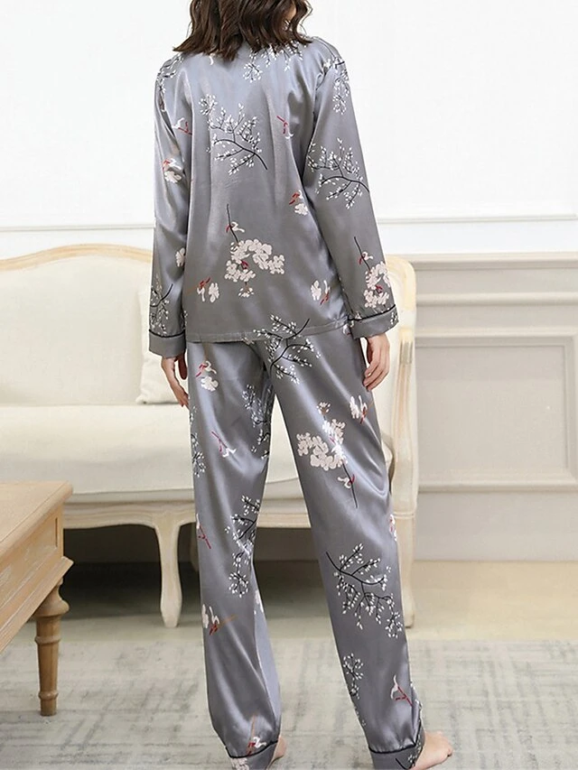 Women's Pajamas Sets Flower Fashion Comfort Soft Home Daily Bed Satin Breathable Lapel Long Sleeve Shirt Pant Button Pocket Fall Winter Black Gray 8 Women's Pajamas Sets Flower Fashion Comfort Soft Home Daily Bed Satin Breathable Lapel Long Sleeve Shirt Pant Button Pocket Fall Winter Black Gray - Image 6