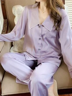 Women's Pajamas Sets Cat Letter Casual Comfort Soft Home Daily Bed Satin Breathable Lapel Long Sleeve Shirt Pant Button Pocket Fall Winter 8602#[Long Sleeve] 8101#[Long Sleeve]