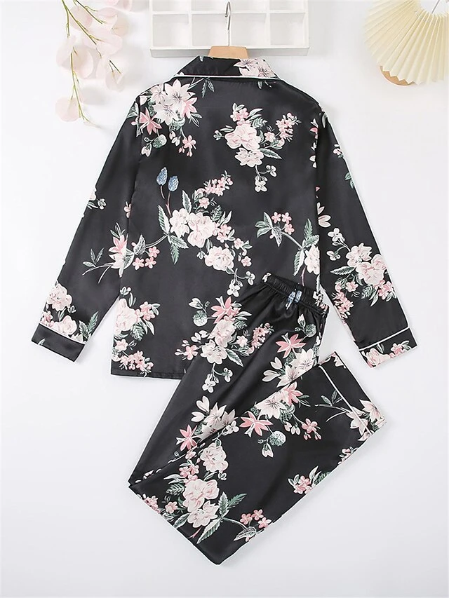 Women's Pajamas Sets Flower Fashion Comfort Soft Home Daily Bed Satin Breathable Lapel Long Sleeve Shirt Pant Button Pocket Fall Winter Black Gray 10 Women's Pajamas Sets Flower Fashion Comfort Soft Home Daily Bed Satin Breathable Lapel Long Sleeve Shirt Pant Button Pocket Fall Winter Black Gray - Image 8
