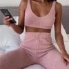 Women's Loungewear Sets 2 Pieces Pure Color Fashion Casual Comfort Street Daily Date Polyester Warm V Wire Sleeveless Pant Fall Winter White Pink -Ladies Pajamas Store duxnbi1691046340662