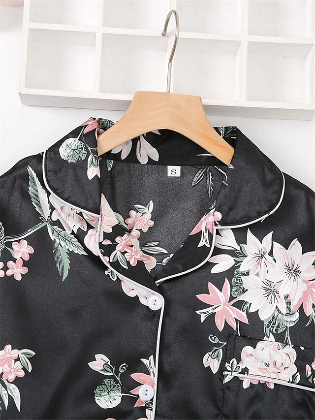 Women's Pajamas Sets Flower Fashion Comfort Soft Home Daily Bed Satin Breathable Lapel Long Sleeve Shirt Pant Button Pocket Fall Winter Black Gray 11 Women's Pajamas Sets Flower Fashion Comfort Soft Home Daily Bed Satin Breathable Lapel Long Sleeve Shirt Pant Button Pocket Fall Winter Black Gray - Image 9