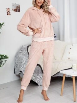 Women's Fleece Lounge Sets 2 Pieces Pure Color Fashion Casual Comfort Street Daily Date Polyester Warm Hoodie Long Sleeve Pant Fall Winter Pink Camel