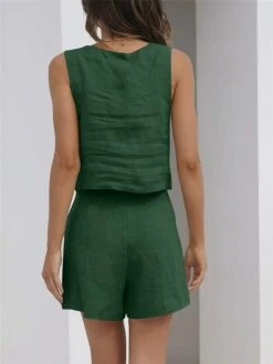 Women's Loungewear Sets Pure Color Simple Casual Comfort Street Daily Date Cotton And Linen Breathable Square Neck Sleeveless Shorts Pocket Summer Spring Black White -Ladies Pajamas Store dwjekp1681730713164