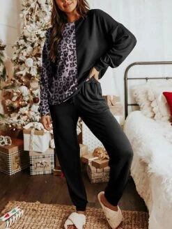 Women's Christmas Loungewear Sets 2 Pieces Leopard Fashion Casual Comfort Street Xmas Daily Date Polyester Warm Crew Neck Long Sleeve Pant Fall Winter Black