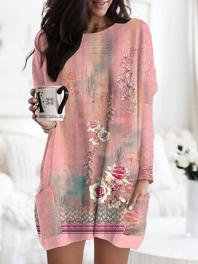 Women's Nightgown Flower Fashion Comfort Home Daily Polyester Crew Neck Long Sleeve Pocket Fall Winter Light Pink Blue 5 Women's Nightgown Flower Fashion Comfort Home Daily Polyester Crew Neck Long Sleeve Pocket Fall Winter Light Pink Blue - Image 3