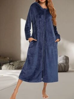 Women's Warm Bathrobe Robes Gown Pure Color Simple Casual Comfort Home Daily Bed Polyester Breathable Hoodie Long Sleeve Pocket Fall Winter Black Wine -Ladies Pajamas Store dxppeq1689581335887