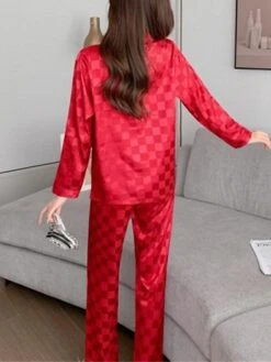 Women's Satin Silk Lounge Sets 2 Pieces Grid / Plaid Fashion Casual Comfort Street Daily Date Silk Breathable Lapel Long Sleeve Pant Button Pocket Summer Fall Black White -Ladies Pajamas Store dxsiod1689581322165