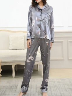 Women's Pajamas Sets Flower Fashion Comfort Soft Home Daily Bed Satin Breathable Lapel Long Sleeve Shirt Pant Button Pocket Fall Winter Black Gray 18 Women's Pajamas Sets Flower Fashion Comfort Soft Home Daily Bed Satin Breathable Lapel Long Sleeve Shirt Pant Button Pocket Fall Winter Black Gray -Ladies Pajamas Store dyjcuj1693467376427