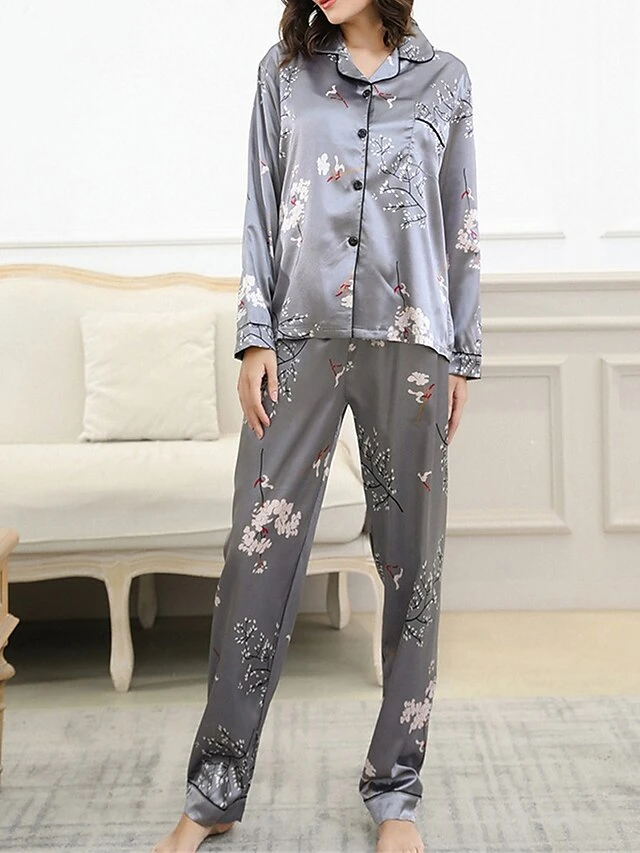 Women's Pajamas Sets Flower Fashion Comfort Soft Home Daily Bed Satin Breathable Lapel Long Sleeve Shirt Pant Button Pocket Fall Winter Black Gray 7 Women's Pajamas Sets Flower Fashion Comfort Soft Home Daily Bed Satin Breathable Lapel Long Sleeve Shirt Pant Button Pocket Fall Winter Black Gray - Image 5