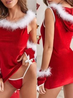 Women's Christmas Sexy Lingerie Xmas Patchwork Lovers Hot Comfort Polyester Breathable Crew Neck Sleeveless Feather Summer Spring Red