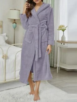 Women's Flannel Pure Color Warm Plush Casual Home Daily Bed Warm Breathable Hoodie Long Sleeve Pocket Belt Included Hoodie Fall Winter Dark Brown Pink