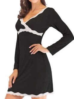 Women's Pajamas Nightgown Nighty Pure Color Simple Comfort Home Daily Bed Modal Breathable Gift V Wire Long Sleeve Lace Basic Spring Summer Black Gray -Ladies Pajamas Store eawopb1647237800804