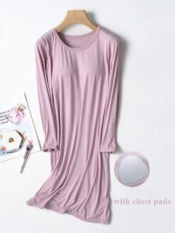 Women's Modal Nightgown With Chest Pads Nightdress Pure Color Simple Casual Comfort Home Daily Bed Breathable Crew Neck Long Sleeve Fall Winter Black Pink