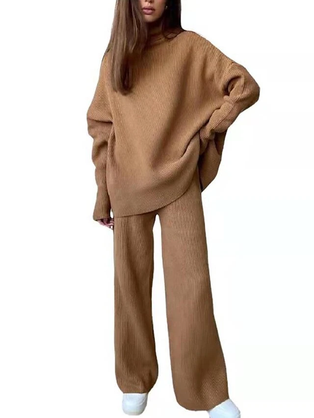 Women's Loungewear Sets Knit Casual Suit Pure Color Fashion Comfort Soft Home Street Daily Polyester Breathable High Neck Long Sleeve Sweater Pant Fall Winter Black Pink 5 Women's Loungewear Sets Knit Casual Suit Pure Color Fashion Comfort Soft Home Street Daily Polyester Breathable High Neck Long Sleeve Sweater Pant Fall Winter Black Pink - Image 3