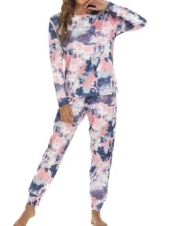 Women's Loungewear Sets Nighty 2 Pieces Tie Dye Comfort Home Daily Polyester Crew Neck Long Sleeve Pant Fall Spring Blue Pink -Ladies Pajamas Store ecjmwc1660039850856