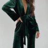 Women's Velvet Green Loungewear Sets 2 Pieces Pure Color Simple Retro Romantic Home Daily Warm Plunging Neck Long Sleeve Cardigan Pant Elastic Waist Belt Included Spring Fall Black Blue -Ladies Pajamas Store edemmi1697162147791