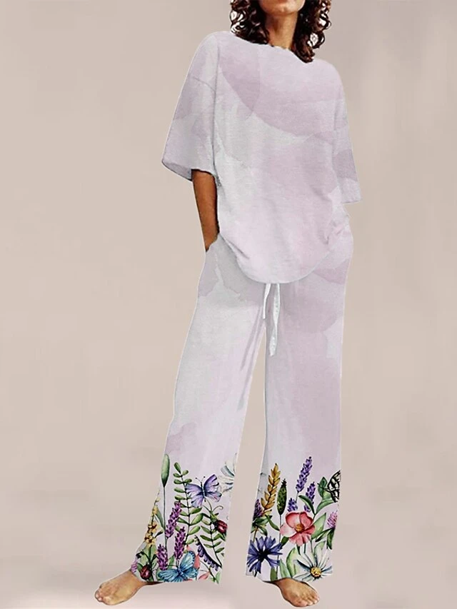 Women's Loungewear Sets 2 Pieces Flower Plant Simple Comfort Sweet Home Daily Polyester Breathable Crew Neck Short Sleeve Pullover Pant Pocket Summer Spring White Light Green 5 Women's Loungewear Sets 2 Pieces Flower Plant Simple Comfort Sweet Home Daily Polyester Breathable Crew Neck Short Sleeve Pullover Pant Pocket Summer Spring White Light Green - Image 3