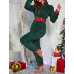 Women's Onesie Pajama Elk Warm Fashion Plush Home Christmas Daily XmasWarm Hoodie Long Sleeve Fall Winter Green -Ladies Pajamas Store edumpo1694742426590