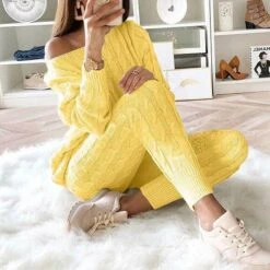 Women's Loungewear Sweatsuit Sets 2 Pieces Pure Color Warm Fashion Sport Home Street Airport Knit Off Shoulder Long Sleeve Sweater Pant Fall Winter Lotus Pink Black -Ladies Pajamas Store edwtje1665646632512