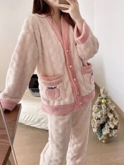 Women's Pajamas Sets Fruit Fashion Casual Comfort Home Daily Bed Flannel Warm V Wire Long Sleeve Cardigan Pant Button Pocket Fall Winter Pink Red -Ladies Pajamas Store eelcws1693295691363