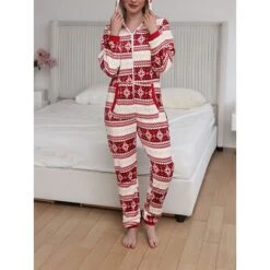Women's Pajamas Jumpsuit Elk Snowflake Warm Fashion Casual Xmas Home Christmas Daily Polyester Breathable Hoodie Long Sleeve Pocket Fall Winter Black White -Ladies Pajamas Store eeriea1692348350926
