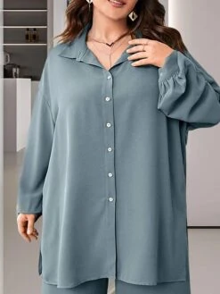 Women's Plus Size Loungewear Sets Pure Color Fashion Comfort Soft Home Daily Bed Polyester Breathable Lapel Long Sleeve Shirt Pant Button Fall Winter Blue -Ladies Pajamas Store eflxrc1694742379278