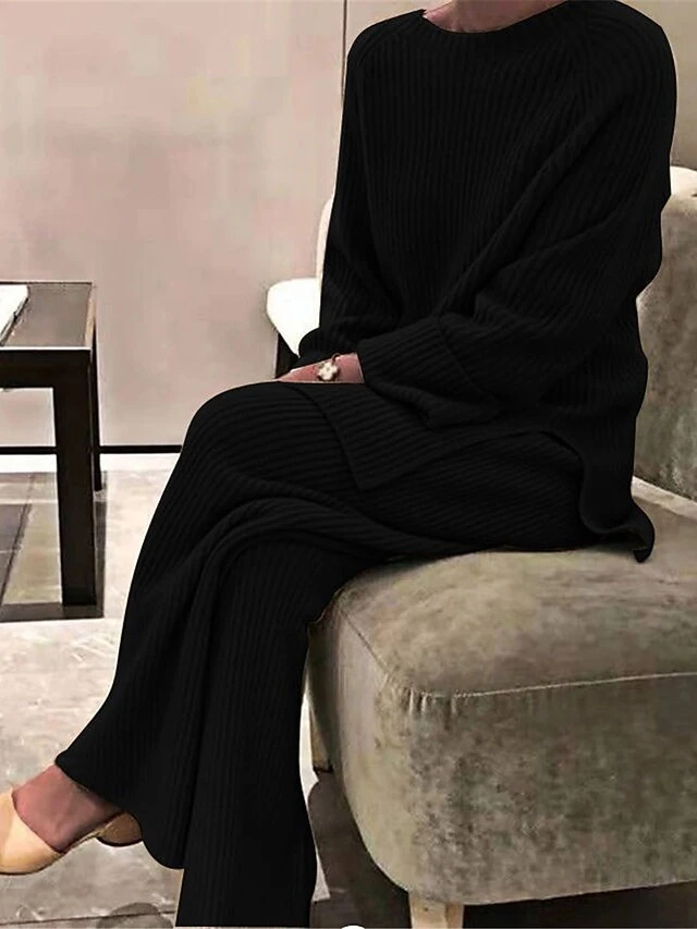 Women's Pajamas Sets Pure Color Fashion Casual Soft Home Daily Bed Knit Breathable Crew Neck Long Sleeve Pant Fall Winter Black Blue 6 Women's Pajamas Sets Pure Color Fashion Casual Soft Home Daily Bed Knit Breathable Crew Neck Long Sleeve Pant Fall Winter Black Blue - Image 4