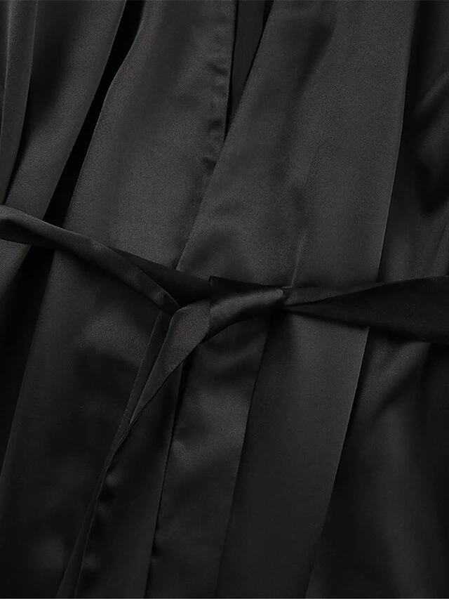 Women's Pajamas Bathrobe Robes Gown Pure Color Simple Casual Comfort Wedding Party Satin Breathable V Wire Long Sleeve Fall Winter Black White 5 Women's Pajamas Bathrobe Robes Gown Pure Color Simple Casual Comfort Wedding Party Satin Breathable V Wire Long Sleeve Fall Winter Black White - Image 3