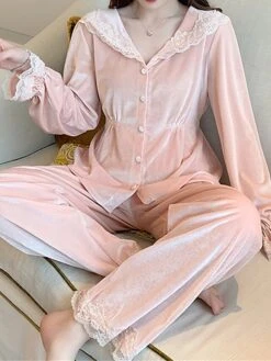 Women's Pajamas Sets Pure Color Casual Comfort Soft Home Daily Bed Velvet Breathable Lapel Long Sleeve Shirt Pant Button Fall Winter Pink Beige