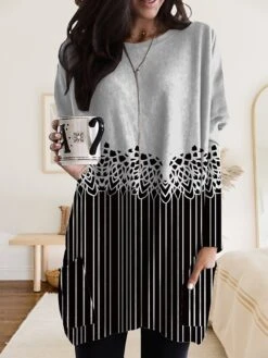 Women's Nightgown Stripe Geometic Fashion Comfort Home Daily Polyester Crew Neck Long Sleeve Pocket Fall Winter Khaki Dark Blue -Ladies Pajamas Store eiyvek1693552953008