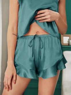 Women's Pajamas Pajama Top And Pant Sets Pure Color Simple Casual Comfort Home Daily Bed Satin Breathable Straps Sleeveless Strap Top Shorts Summer Spring Lotus Pink Black -Ladies Pajamas Store eizibs1687857791917