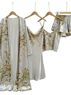 Women's Satin Silk Pajama Sets 4 Pcs Bathrobe Nightgown Cherry Flower Simple Comfort Sweet Home Daily Bed Satin Breathable Gift For Mother's Day Long Sleeve Shorts Backless Elastic Waist Spring Fall -Ladies Pajamas Store ejizaj1647426799912