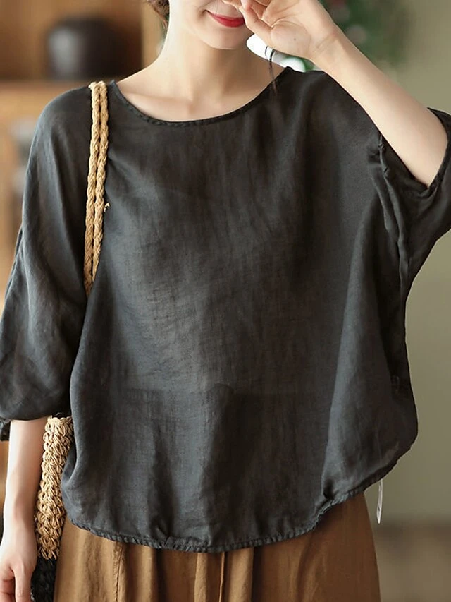 Women's Plus Size Loungewear Top Pure Color Simple Casual Comfort Home Daily Vacation Linen Breathable Crew Neck Long Sleeve Shirt Summer Spring Black Purple 11 Women's Plus Size Loungewear Top Pure Color Simple Casual Comfort Home Daily Vacation Linen Breathable Crew Neck Long Sleeve Shirt Summer Spring Black Purple - Image 9