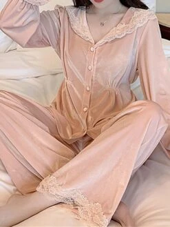 Women's Pajamas Sets Pure Color Casual Comfort Soft Home Daily Bed Velvet Breathable Lapel Long Sleeve Shirt Pant Button Fall Winter Pink Beige -Ladies Pajamas Store ekswwv1697161957811