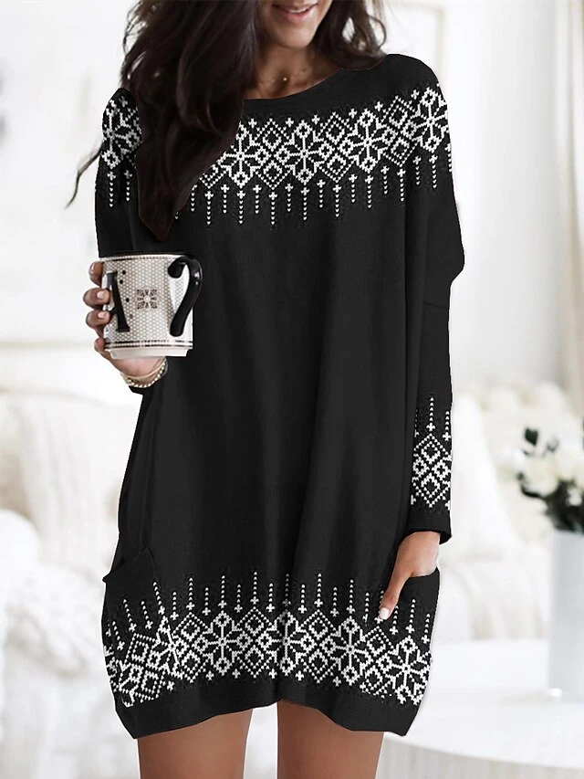 Women's Nightgown Geometic Fashion Comfort Xmas Home Christmas Polyester Crew Neck Long Sleeve Pocket Fall Winter Black Red 4 Women's Nightgown Geometic Fashion Comfort Xmas Home Christmas Polyester Crew Neck Long Sleeve Pocket Fall Winter Black Red - Image 2