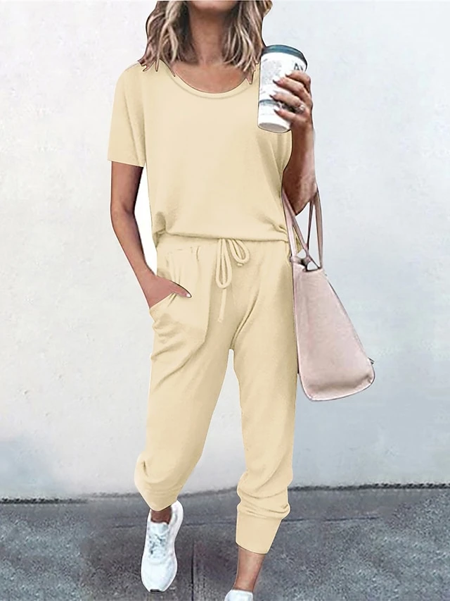 Women's Loungewear Sets Pure Color Fashion Casual Comfort Street Daily Date Polyester Breathable Crew Neck Short Sleeve T Shirt Tee Pant Pocket Elastic Waist Summer Fall Black Pink 7 Women's Loungewear Sets Pure Color Fashion Casual Comfort Street Daily Date Polyester Breathable Crew Neck Short Sleeve T Shirt Tee Pant Pocket Elastic Waist Summer Fall Black Pink - Image 5